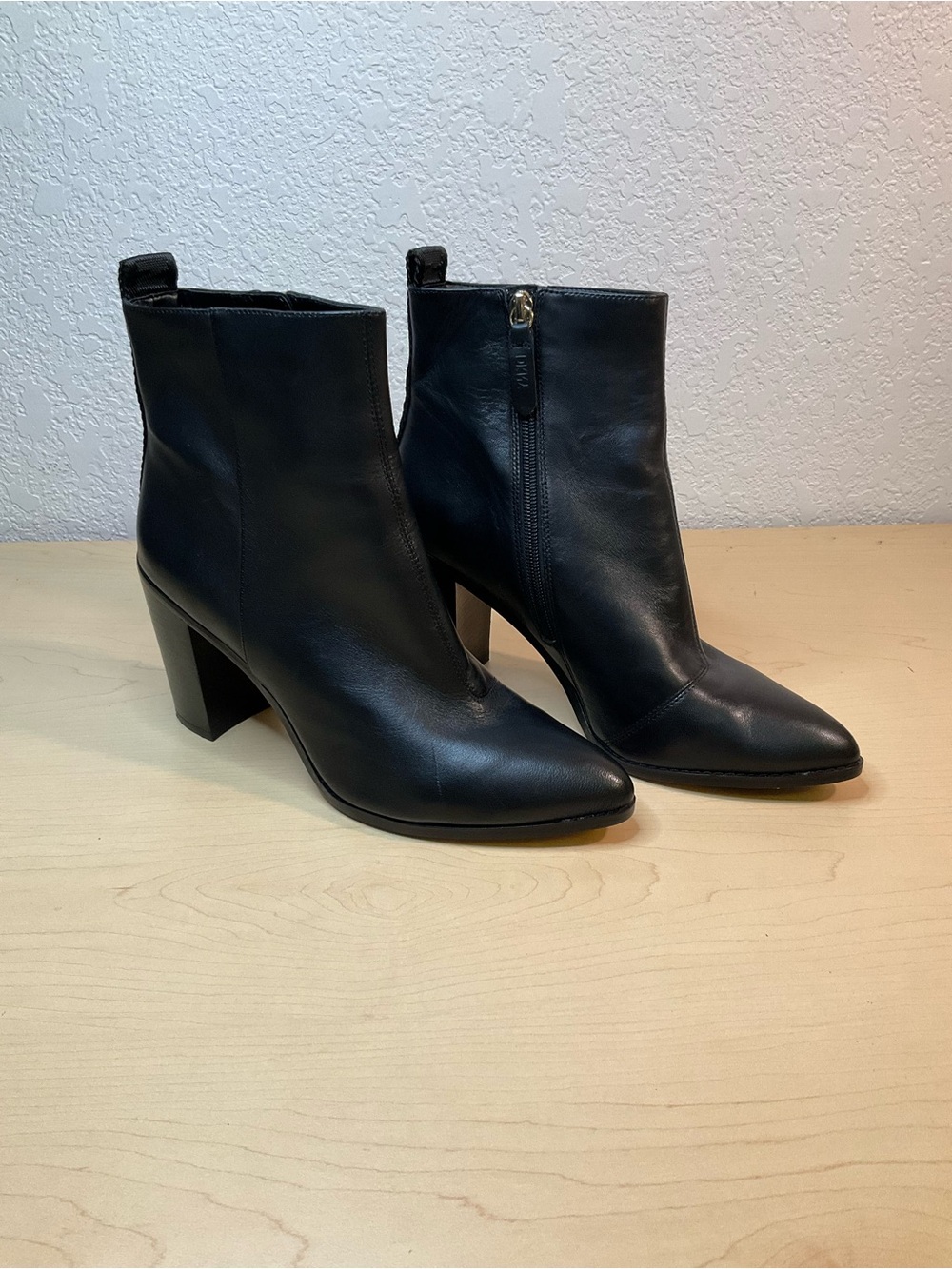 DKNY Black Leather Pointed Ankle Booties with Block Heel